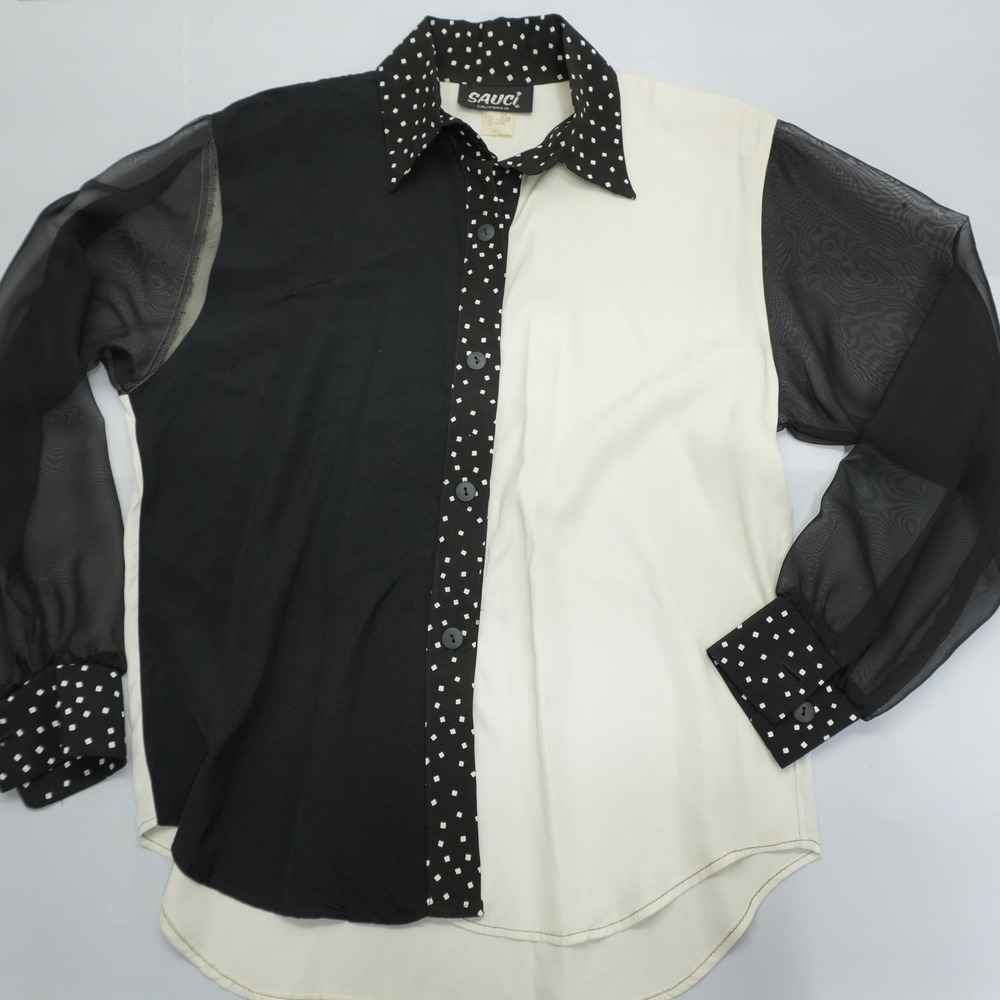 Vintage Sauci California Two Tone Colorblock Sheer Sleeve Blouse Black White L